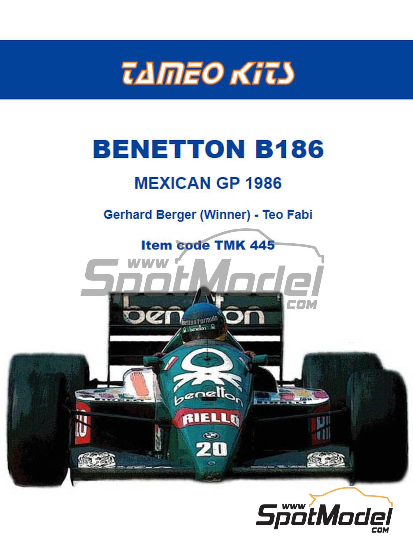 Benetton BMW B186 sponsored by Benetton, Riello - Mexican Formula 1 Grand  Prix 1986. Car scale model kit in 1/43 scale manufactured by Tameo Kits (ref
